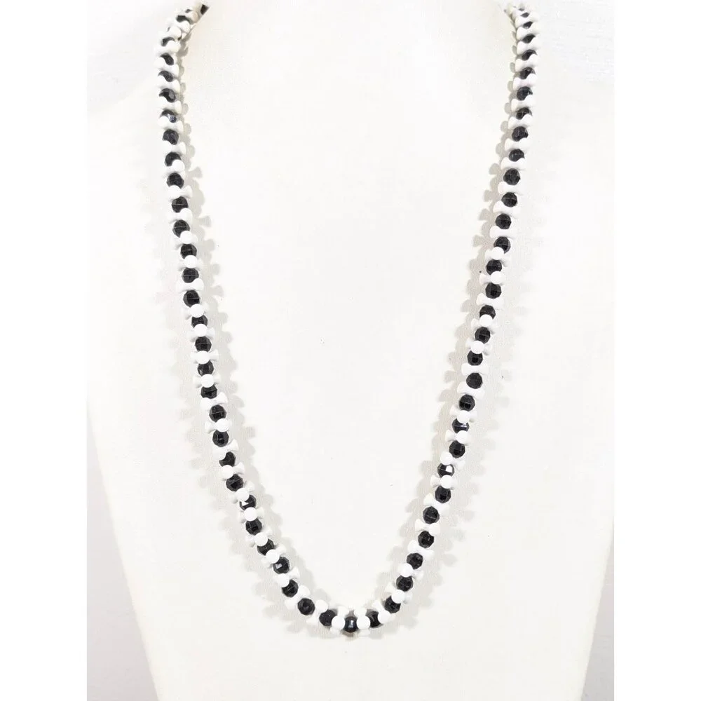 Vintage Black White Lucite Beaded Necklace 28 in Strand Classic‎ Mod